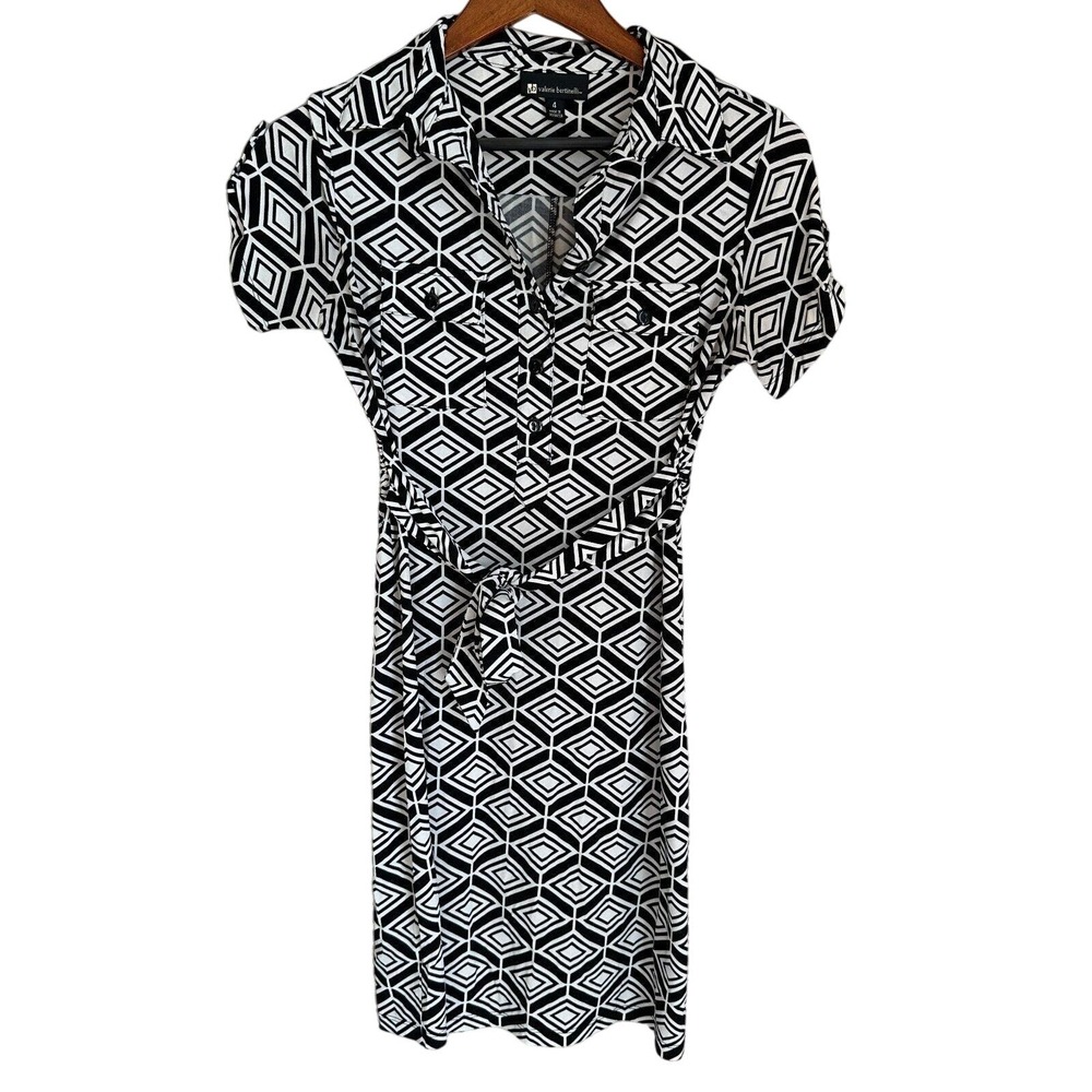 Valerie Bertinelli Tie Waist Dress Abstract Collared V-Neck Stretch Jersey Knit